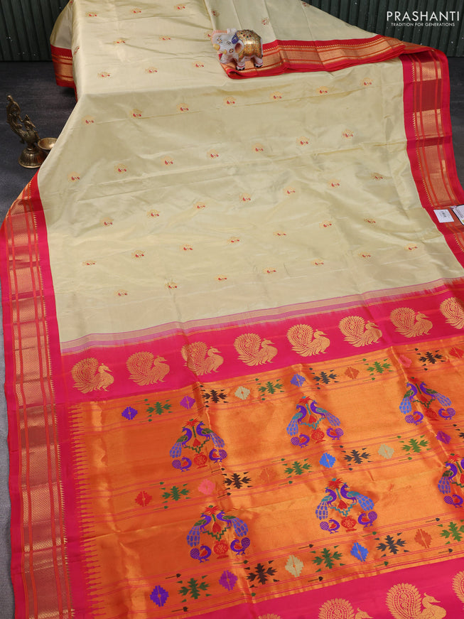 Pure paithani silk saree cream and pink with annam zari woven buttas and paithani weaving pallu