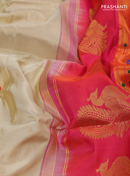 Pure paithani silk saree cream and pink with annam zari woven buttas and paithani weaving pallu