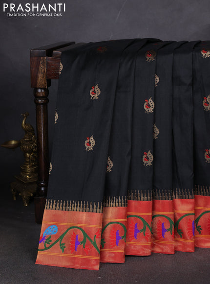 Pure paithani silk saree black and red with annam zari woven buttas and paithani weaving pallu
