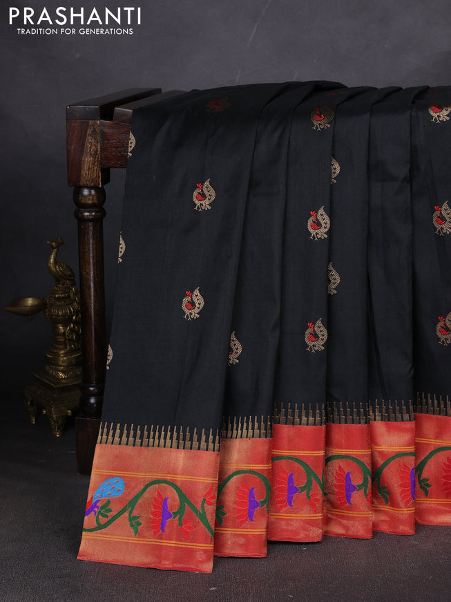 Pure paithani silk saree black and red with annam zari woven buttas and paithani weaving pallu