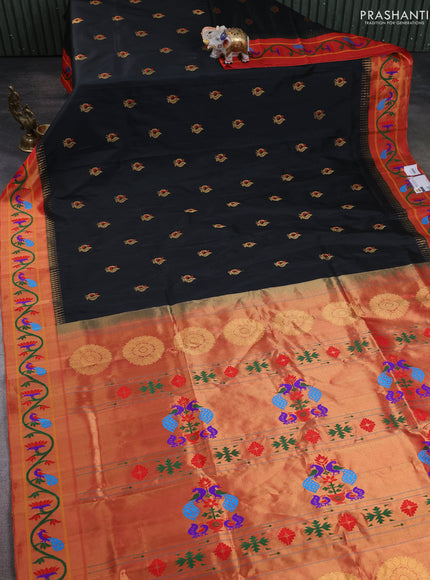 Pure paithani silk saree black and red with annam zari woven buttas and paithani weaving pallu