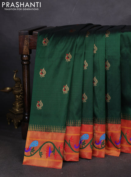 Pure paithani silk saree bottle green and red with annam zari woven buttas and paithani weaving pallu