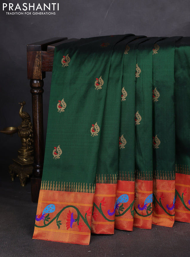 Pure paithani silk saree bottle green and red with annam zari woven buttas and paithani weaving pallu
