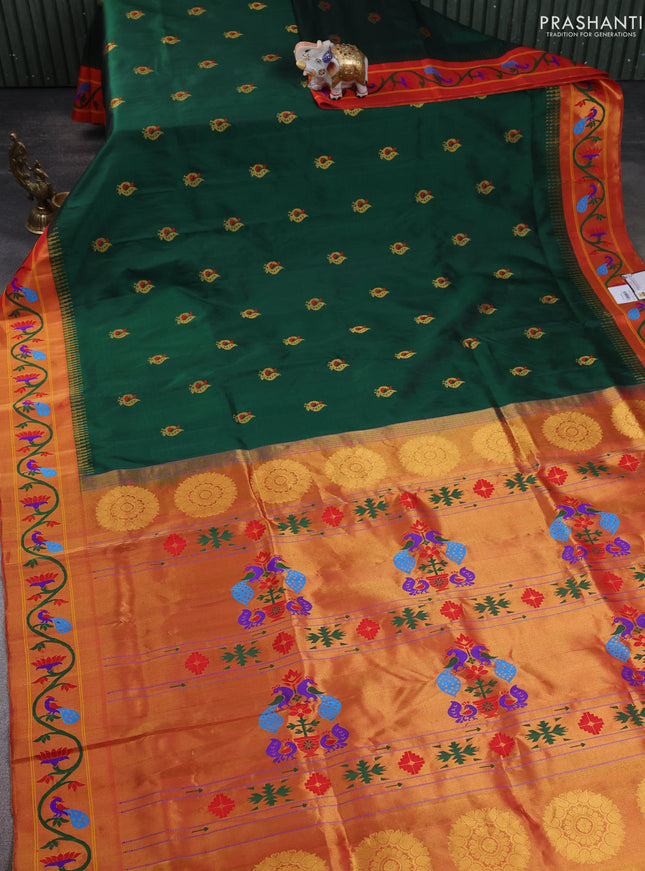 Pure paithani silk saree bottle green and red with annam zari woven buttas and paithani weaving pallu
