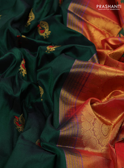 Pure paithani silk saree bottle green and red with annam zari woven buttas and paithani weaving pallu