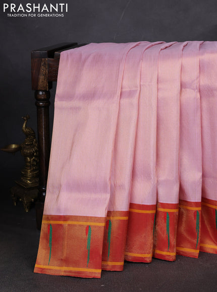 Pure paithani tissue silk saree baby pink and red with plain body and zari woven muniya butta border