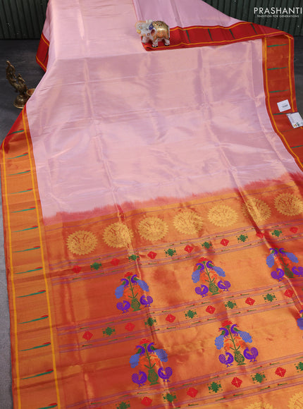 Pure paithani tissue silk saree baby pink and red with plain body and zari woven muniya butta border