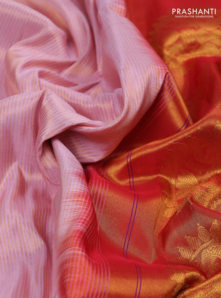 Pure paithani tissue silk saree baby pink and red with plain body and zari woven muniya butta border
