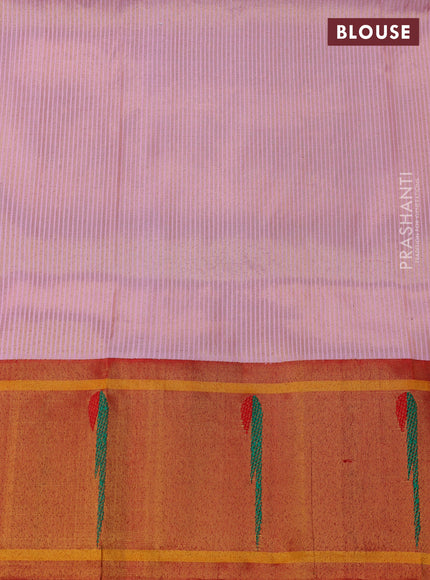 Pure paithani tissue silk saree baby pink and red with plain body and zari woven muniya butta border
