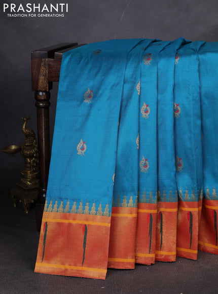 Pure paithani silk saree rama blue and red with annam zari woven buttas and zari woven muniya butta border