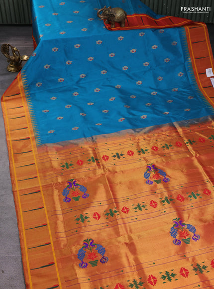 Pure paithani silk saree rama blue and red with annam zari woven buttas and zari woven muniya butta border