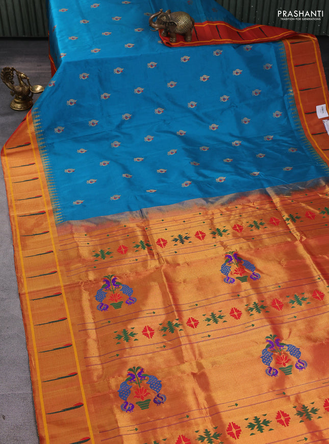 Pure paithani silk saree rama blue and red with annam zari woven buttas and zari woven muniya butta border