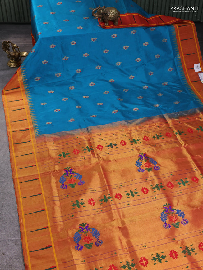 Pure paithani silk saree rama blue and red with annam zari woven buttas and zari woven muniya butta border