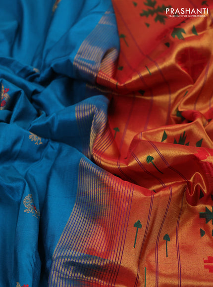 Pure paithani silk saree rama blue and red with annam zari woven buttas and zari woven muniya butta border