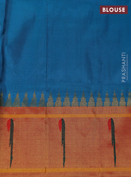 Pure paithani silk saree rama blue and red with annam zari woven buttas and zari woven muniya butta border