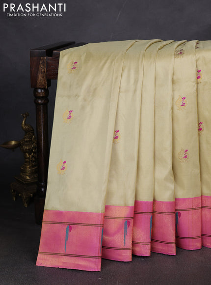 Pure paithani silk saree beige and light pink with annam zari woven buttas and zari woven muniya butta border
