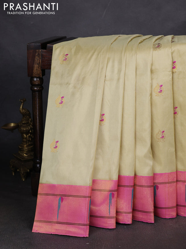Pure paithani silk saree beige and light pink with annam zari woven buttas and zari woven muniya butta border