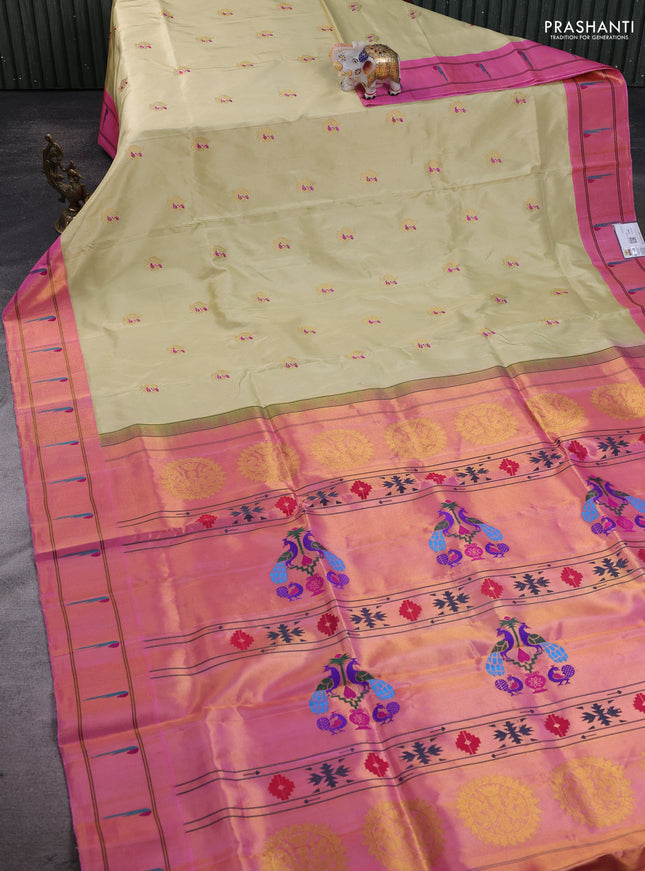 Pure paithani silk saree beige and light pink with annam zari woven buttas and zari woven muniya butta border