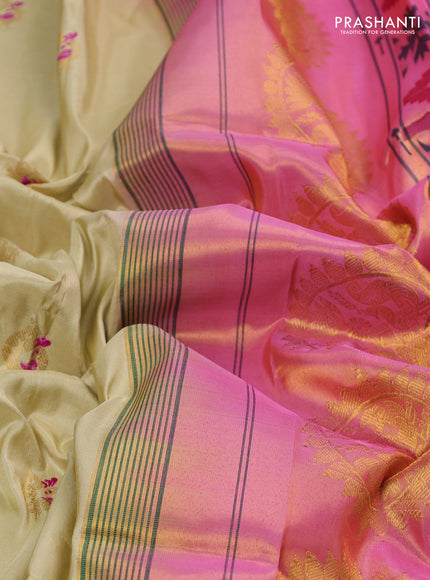 Pure paithani silk saree beige and light pink with annam zari woven buttas and zari woven muniya butta border