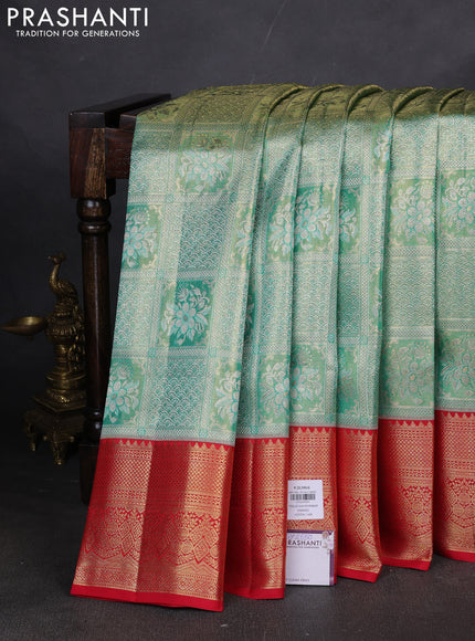 Pure kanchipuram silk saree teal green and red with allover zari woven brocade weaves and zari woven border