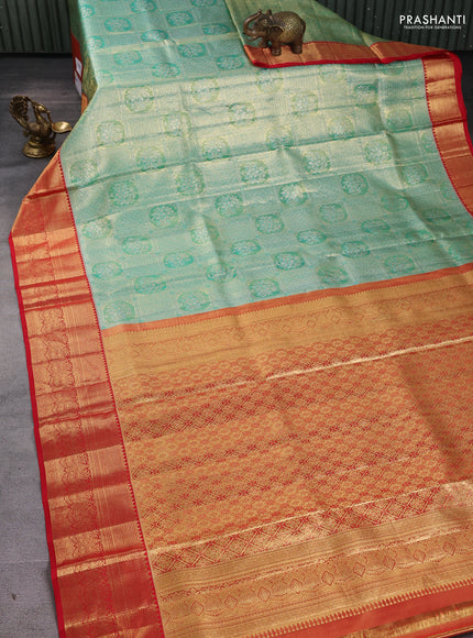 Pure kanchipuram silk saree teal green and red with allover zari woven brocade weaves and zari woven border