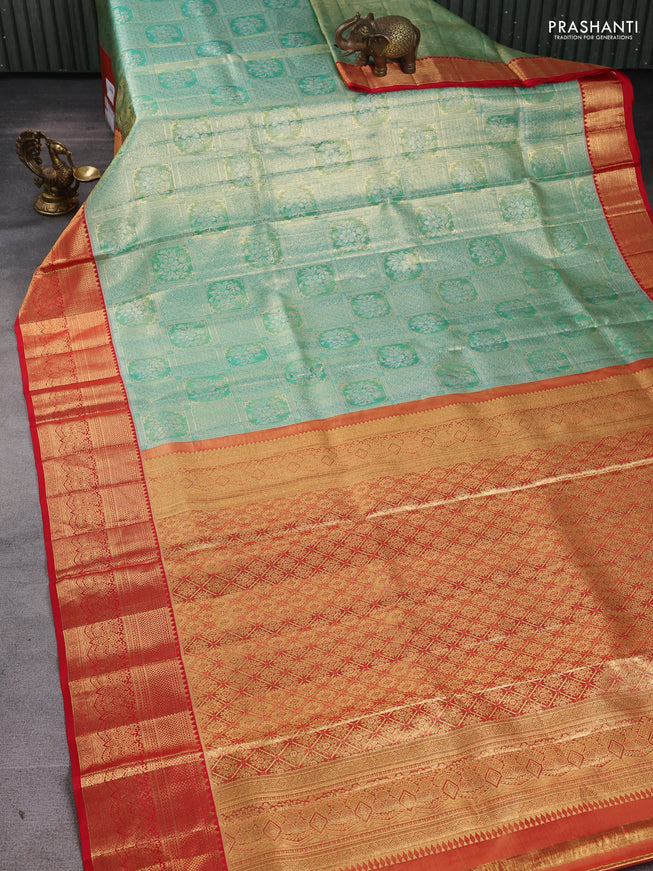 Pure kanchipuram silk saree teal green and red with allover zari woven brocade weaves and zari woven border