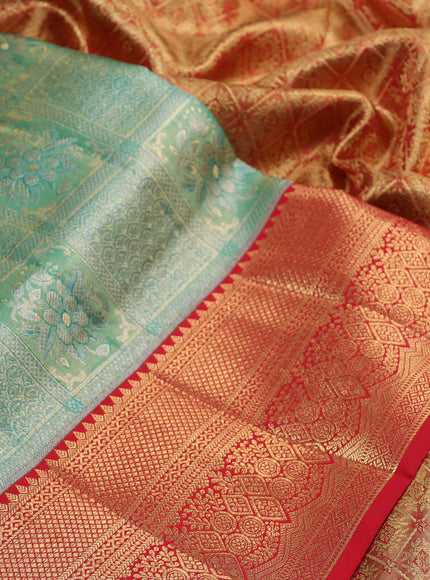 Pure kanchipuram silk saree teal green and red with allover zari woven brocade weaves and zari woven border