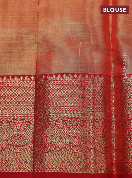 Pure kanchipuram silk saree teal green and red with allover zari woven brocade weaves and zari woven border