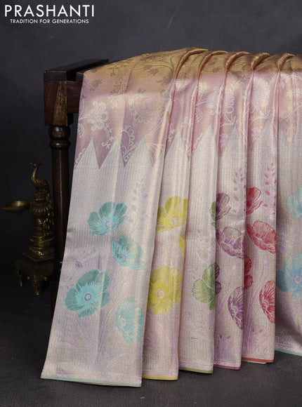 Pure kanchipuram silk saree lilac and golden teal with allover zari woven brocade weaves and long zari woven floral motif border