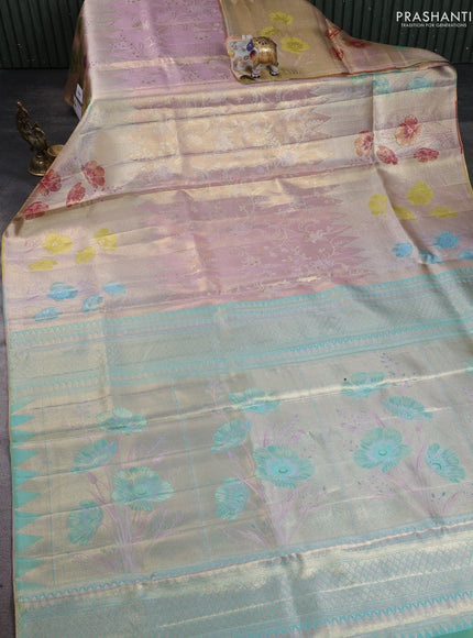 Pure kanchipuram silk saree lilac and golden teal with allover zari woven brocade weaves and long zari woven floral motif border