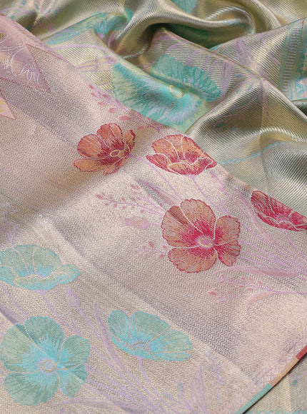 Pure kanchipuram silk saree lilac and golden teal with allover zari woven brocade weaves and long zari woven floral motif border