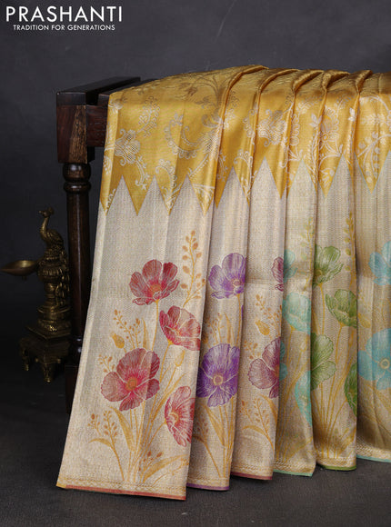 Pure kanchipuram silk saree gold and golden red with allover zari woven brocade weaves and long zari woven floral motif border