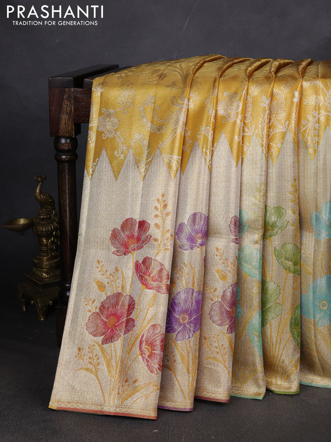 Pure kanchipuram silk saree gold and golden red with allover zari woven brocade weaves and long zari woven floral motif border