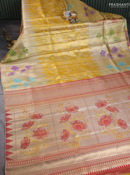 Pure kanchipuram silk saree gold and golden red with allover zari woven brocade weaves and long zari woven floral motif border