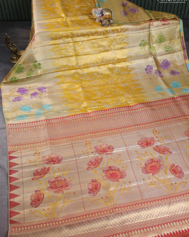 Pure kanchipuram silk saree gold and golden red with allover zari woven brocade weaves and long zari woven floral motif border