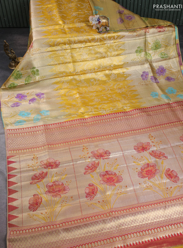 Pure kanchipuram silk saree gold and golden red with allover zari woven brocade weaves and long zari woven floral motif border