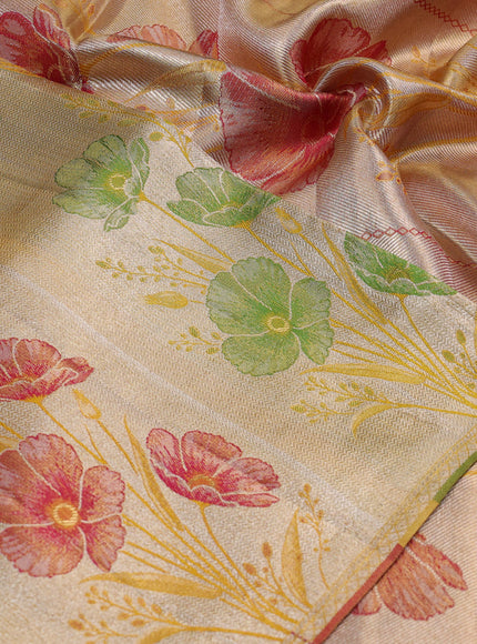 Pure kanchipuram silk saree gold and golden red with allover zari woven brocade weaves and long zari woven floral motif border