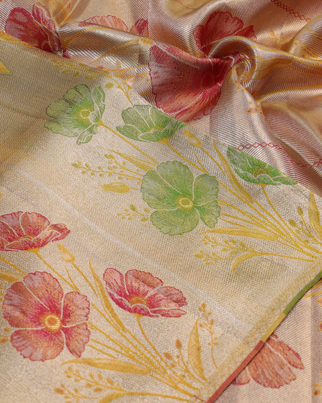 Pure kanchipuram silk saree gold and golden red with allover zari woven brocade weaves and long zari woven floral motif border