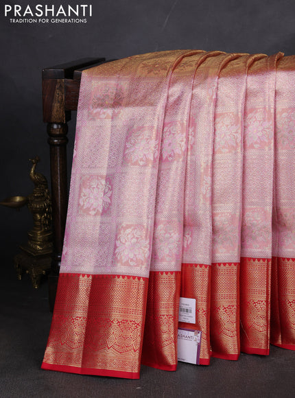Pure kanchipuram silk saree dual tone peach pink and red with allover zari woven brocade weaves and zari woven border