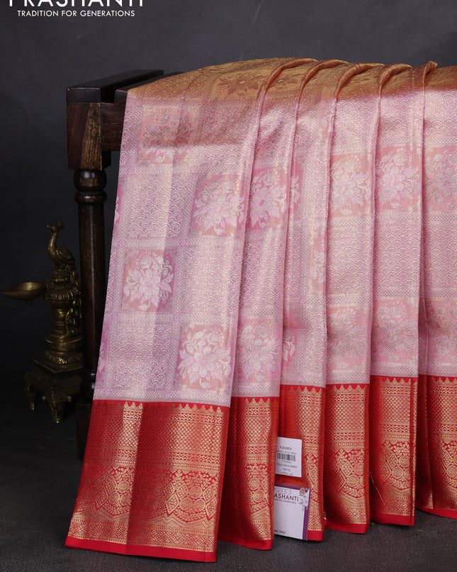 Pure kanchipuram silk saree dual tone peach pink and red with allover zari woven brocade weaves and zari woven border