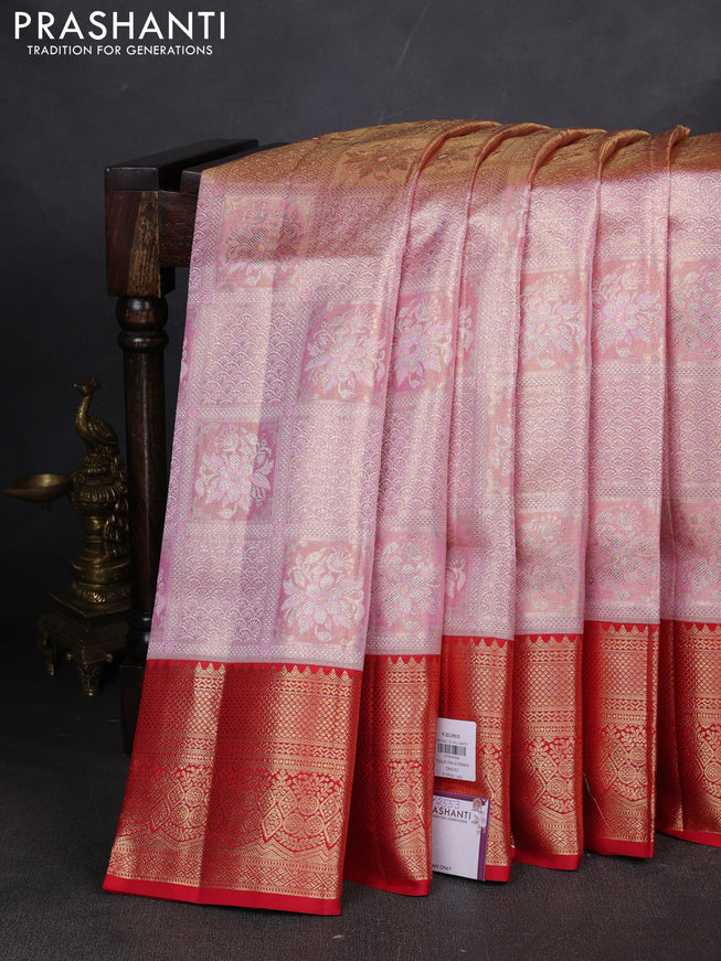 Pure kanchipuram silk saree dual tone peach pink and red with allover zari woven brocade weaves and zari woven border