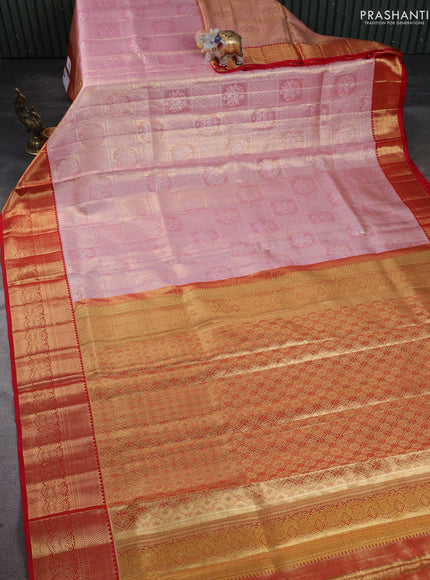Pure kanchipuram silk saree dual tone peach pink and red with allover zari woven brocade weaves and zari woven border