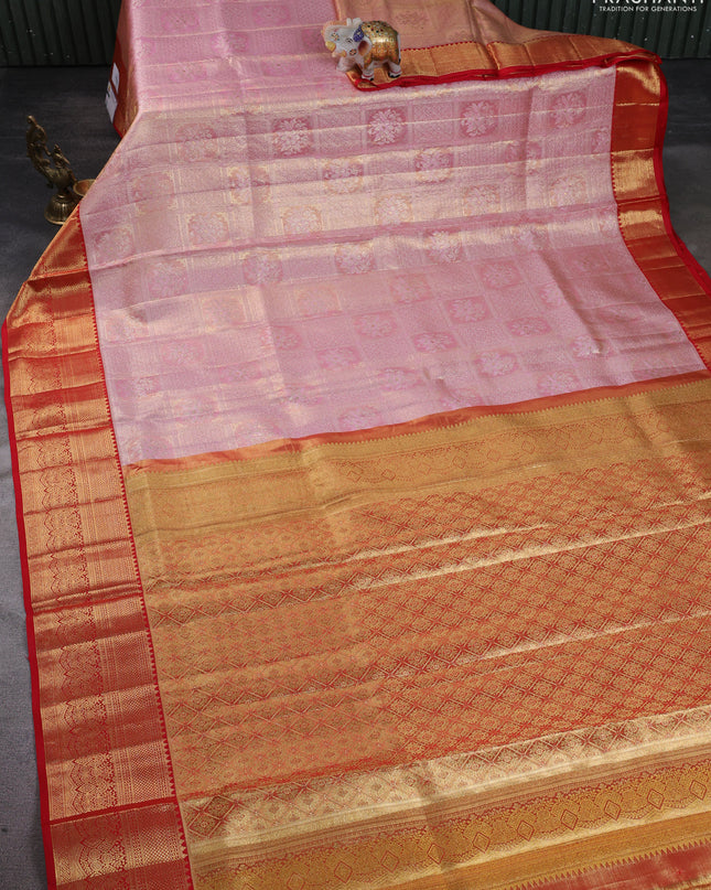 Pure kanchipuram silk saree dual tone peach pink and red with allover zari woven brocade weaves and zari woven border
