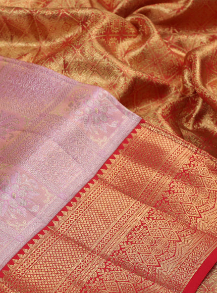 Pure kanchipuram silk saree dual tone peach pink and red with allover zari woven brocade weaves and zari woven border