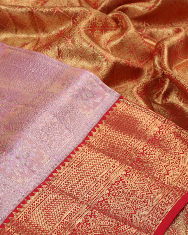 Pure kanchipuram silk saree dual tone peach pink and red with allover zari woven brocade weaves and zari woven border
