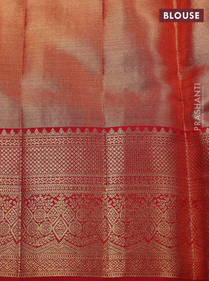 Pure kanchipuram silk saree dual tone peach pink and red with allover zari woven brocade weaves and zari woven border