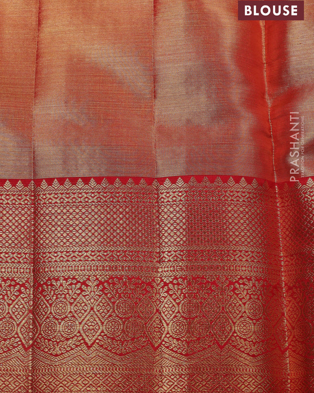 Pure kanchipuram silk saree dual tone peach pink and red with allover zari woven brocade weaves and zari woven border