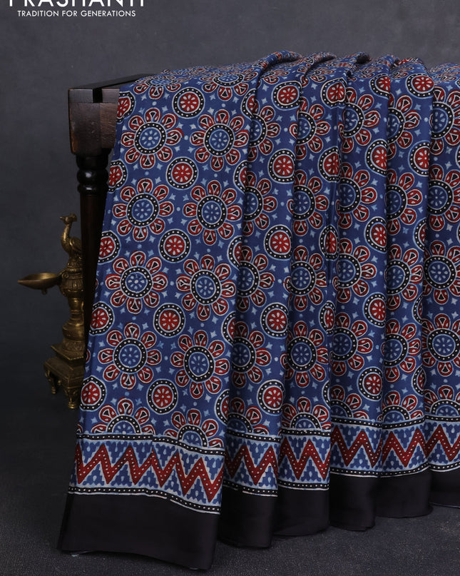 Modal silk Saree indigo blue and black with allover ajrakh butta prints and printed border