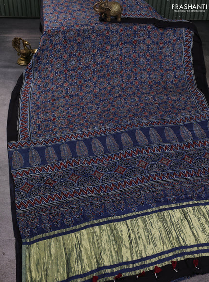 Modal silk Saree indigo blue and black with allover ajrakh butta prints and printed border