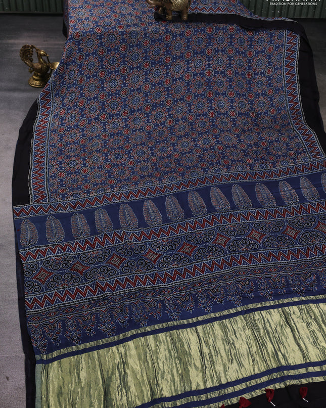 Modal silk Saree indigo blue and black with allover ajrakh butta prints and printed border